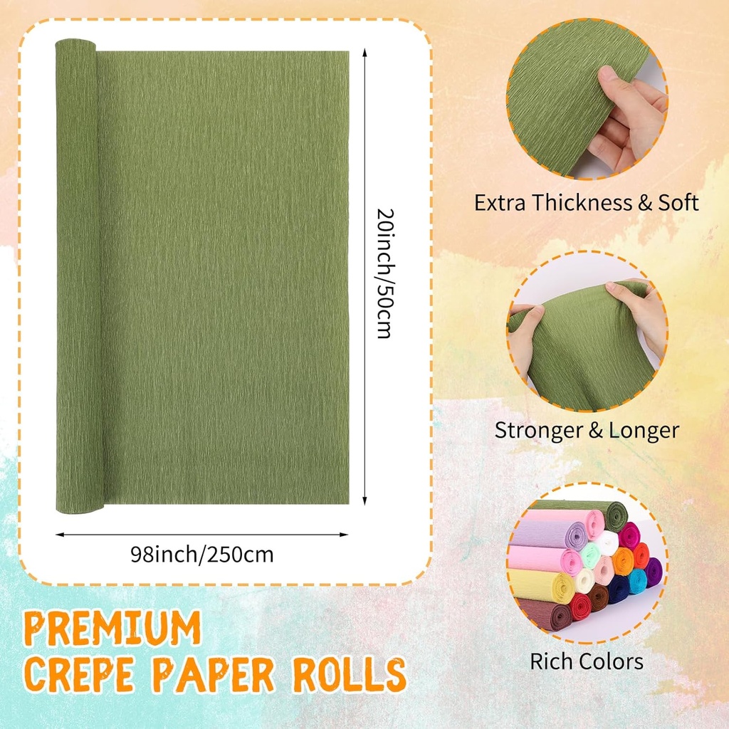 Crepe Paper Roll 20 Inch X 8 Feet (50 X 250 cm) for Handcrafts & Birthday Party Decoration 18 Colors
