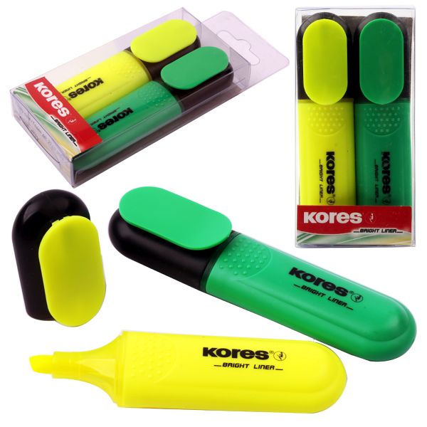 Kores Bright Liner Highlighter Pens - Chisel Tip - Yellow / Green (Pack of 2) Model 36121