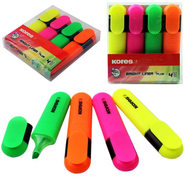 Kores Bright Liner Highlighter Pens - Chisel Tip - Assorted Colors (Pack of 4) Model 36140