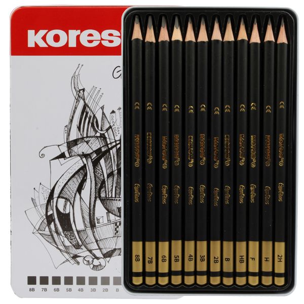 Kores Grafitos Graphite Pencils Different Grades 12 Pcs - Triangular Tri Grip (Metal Box of 12) Model 92162