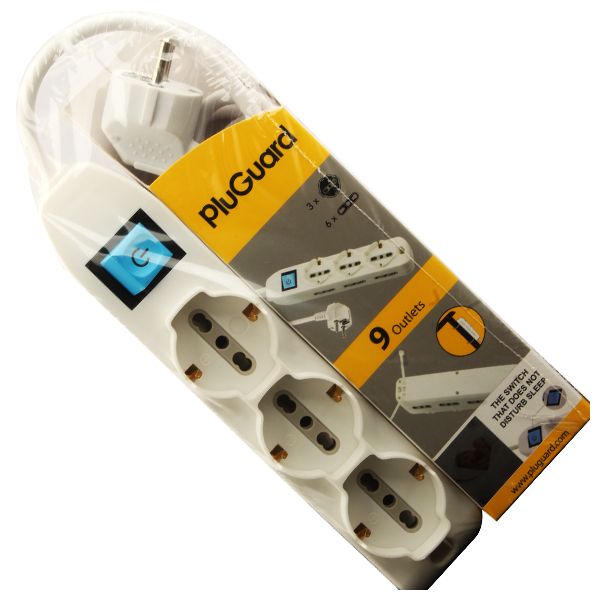 PluGuard Power Strip, 9 Outlets, 2m Cable, 3500W, 250V, 16A, with Power Switch