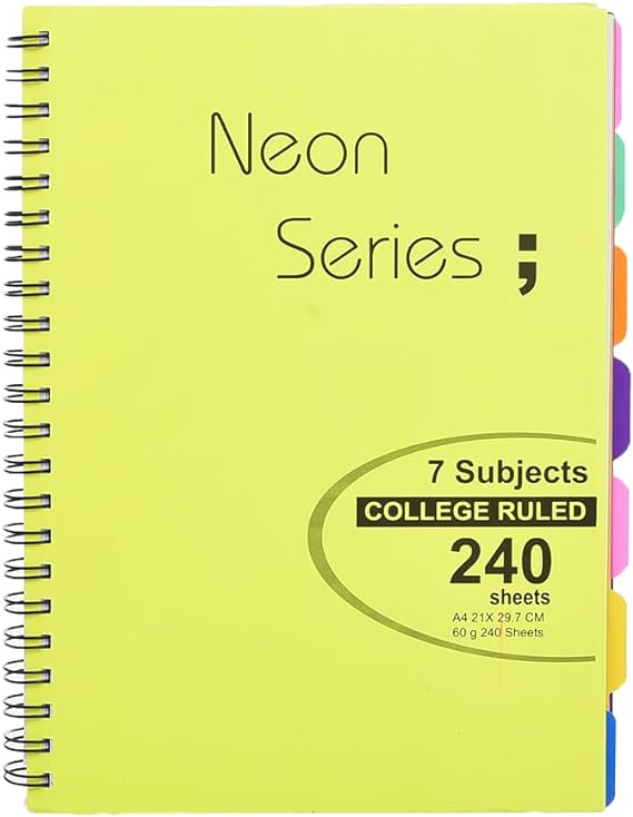 Maayergy A4 Spiral Notebook - 240 Sheets, 7 Subjects, Durable Cover for School & Home