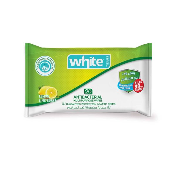 White Wipes Antibactrial - 20 Wipes - Lemon Scent